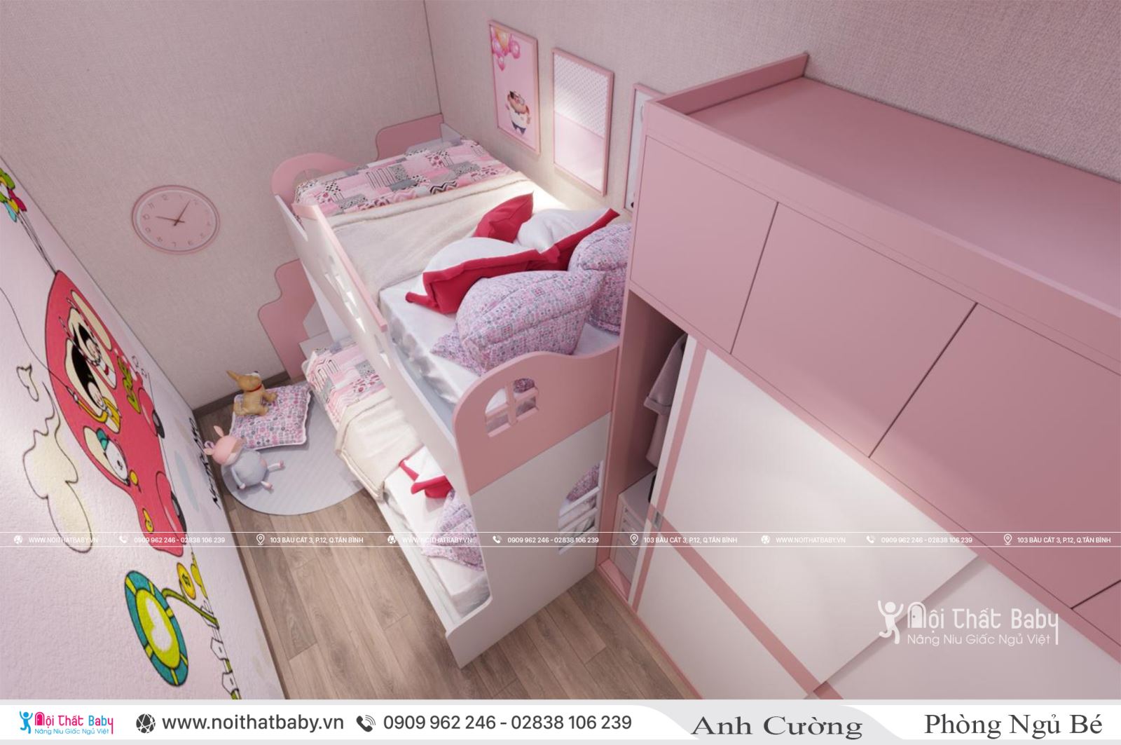 Giường tầng cho bé gái màu hồng dễ thương